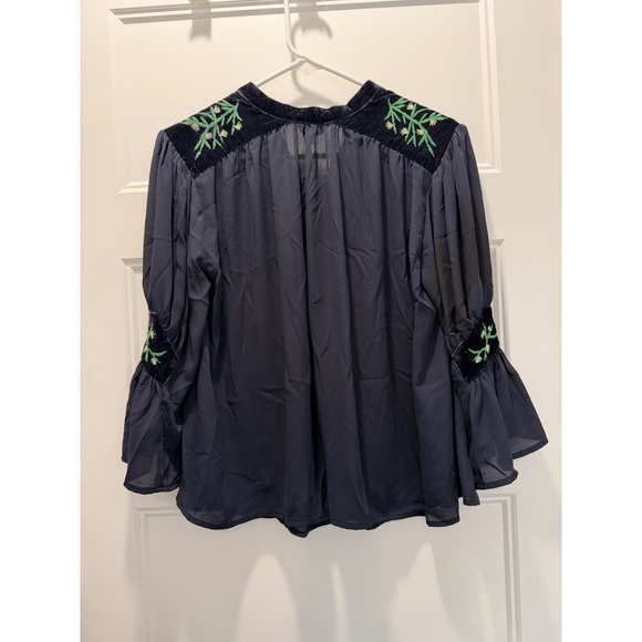 crown & ivy Tops - Crown & Ivy Navy Boho Top Womens XS Velvet Embroidered Peasant Blouse